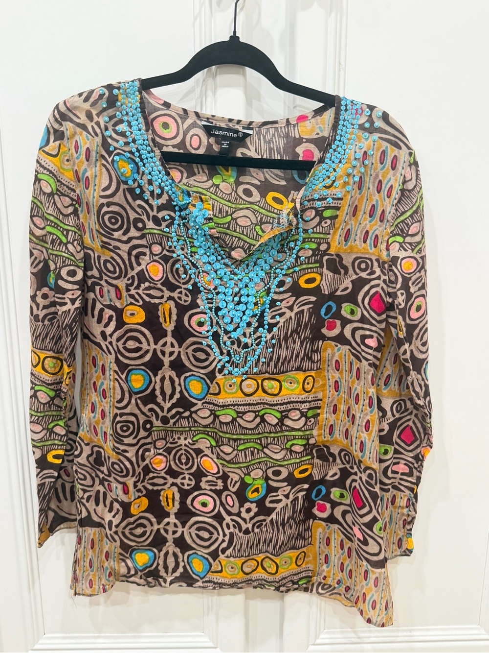 Jasmine Brown Multicolor Patterned Tunic with Turquoise Bead Neckline